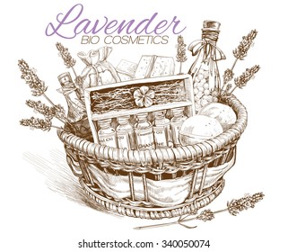 Cesta de cosméticos naturales de lavanda. Ilustración del vector