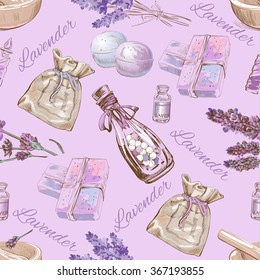 Lavender natural cosmetics seamless pattern on lilac background. Design for cosmetics, make up, store, beauty salon, natural and organic products. Vector illustration