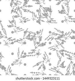lavender natural hand drawn pattern white and black illustration. Herbal botanical  decoration background