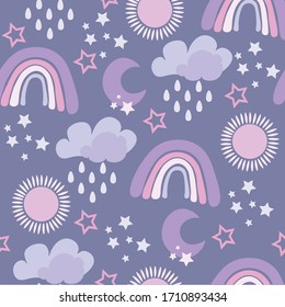 Lavender Nursery Pattern. Rainbows and clouds