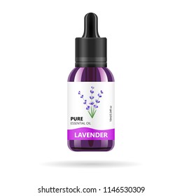Lavender oil in glass jar. Vector packaging design template and emblem - beauty and cosmetic oil - lavender. Mock up vial of lavender oil essence
