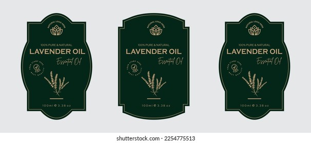 Lavender Öl-Label Design Aromaduftmarke Design Kosmetikprodukte für Hautpflege und Schönheit, pflanzliche Zutaten. Etiketten mit Skizzen, Verpackungsemblem. Grüne Goldprämie, Vektorgrafik