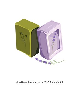 Jabón de lavanda y oliva. Jabón natural hecho a mano. Ilustración vectorial.