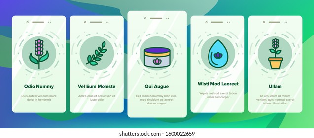 Lavender Onboarding Mobile App Page Screen Vector. Lavender Flower And Drop, Container With Cosmetic Creme And Bottle With Perfume Illustrations