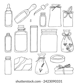 Aroma vectorial de doodle de espesor de lavanda con frascos de aceite esencial, bolsitas y jabón. Conjunto de elementos de diseño en cosméticos, spa de aroma y perfume