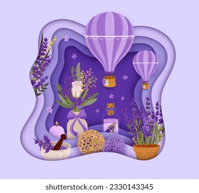 Banner cortado de papel de lavanda con globo de aire caliente y cosméticos. Buques vectoriales de flores de lavanda morada, hierbas de procedencia y plantas en marco lilaco de capas onduladas 3d con vela y aceite esencial