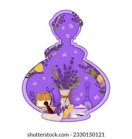 Lavender paper cut cosmetics bottle, flowers and buds of provence herbs and spring plants, cream and essential oil. Vector 3d papercut frame of perfume bottle with purple flowers of blooming lavender