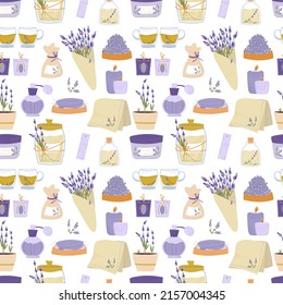 lavender pattern. Flowers, plant branches, cosmetics and food from lavender. Seamless background. Vector illustration, cartoon hand drawn