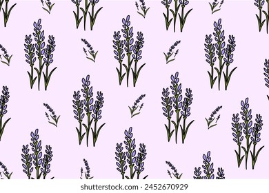 Patrón de lavanda con flores y hojas moradas. Fondo floral sin costura