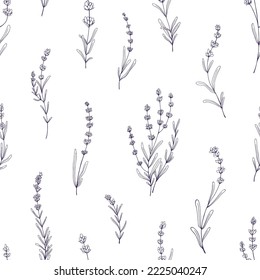 Patrón de lavanda. Fondo floral sin foco, flores lavendares delineadas, ramas. Impresión repetitiva, diseño de textura botánica. Ilustración vectorial grabada a mano para decoración, textil, tejido