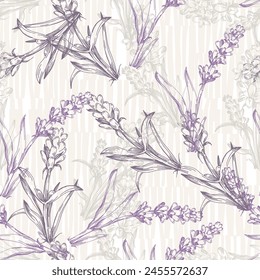 lavender pattern seamless. Print for printing on textiles, clothing, packaging. Marketing of lavender products. Vector illustration, hand drawn.