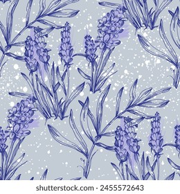 Lavendelmuster nahtlos. Druck für den Druck auf Textilien, Bekleidung, Verpackung. Vermarktung von Lavendelprodukten. Vektorillustration, von Hand gezeichnet.