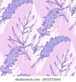 lavender pattern seamless. Print for printing on textiles, clothing, packaging. Marketing of lavender products. Vector illustration, hand drawn.