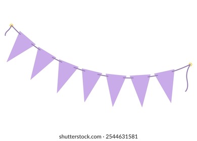 Banderines de lavanda ensartados en cuerda Guirnalda festiva en lila suave de moda. Idea de diseño de cumpleaños o fiesta