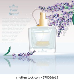 Lavender Perfume bottle Cosmetic ads template, droplet mock up isolated on dazzling background. Place for brand text. Glamorous fragrance sparkling effects. Vector illustration