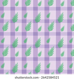 Lavender plaid background accented with scattered green tropical leaves