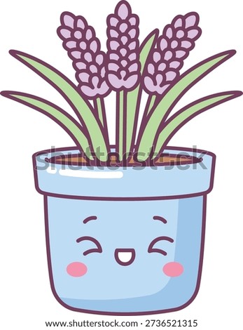 Lavender plant in a happy pot with rounded linework and chunky bloom detail. Symbol of calm, wellness, home decor, and self care, conveying relaxation and positivity. Cartoon vector illustration.