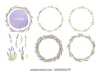 Lavender plant set. lavender bouquets and frames wreaths Vector flat grass lavender. Lavender flowers For label, packaging, card, invitations, save date. Healing and cosmetics herb. Medical plant.