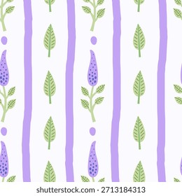 Lavanda planta listrado sem emenda padrão. Fundo floral roxo mínimo moderno com linhas desenhadas à mão e folhas. Lindo Jardim Botânico Motivo. Ilustração vetorial