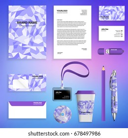 Lavender polygonal Corporate identity template set. Business stationery mock-up with logo. Branding design. Geometric background.