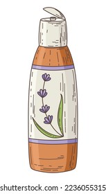 Lavender product or provence souvenir. Natural cosmetic from lavender flowers. Vintage aromatherapy and spa. Skincare product. Isolated vector illustration on white background