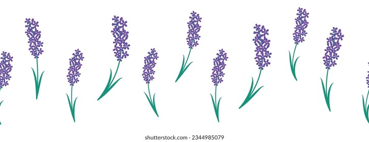 Lavender purple horizontal border seamless pattern. Floral seamless border.