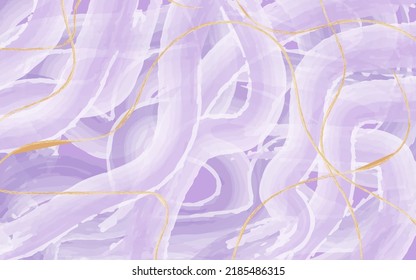 Lavender purple liquid watercolor background with gold stripes. Pastel marble effect with golden lines, drawn with vector brushes. Design template for invitation, menu, wedding invitation.