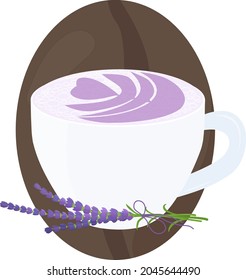 Lavender raf coffee in white cup with small flowers bunch on cofee bean. Vector cartoon illustration.