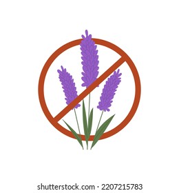 Lavender In Red Crossed Circle Icon. Allergy To Lavender, Lupin, Pollen, Plants. Flat Vector Illustration Isolated On White Background