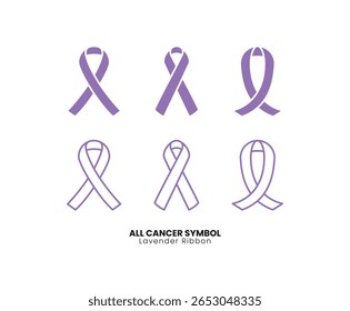 Ensemble d'icônes de ruban de lavande représentant tous les symboles de sensibilisation au cancer. Idéal pour les campagnes de santé, les affiches médicales, les conceptions d'assistances en oncologie, les activités de collecte de fonds et les graphiques sur les survivants du cancer.