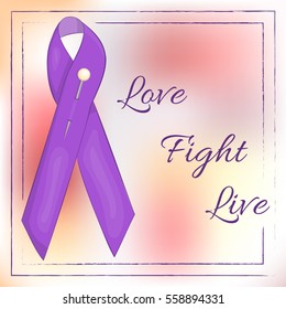 Lavender ribbon on abstract background for World Cancer Day. Love. Fight. Live. Isolated vector illustration in cartoon style.