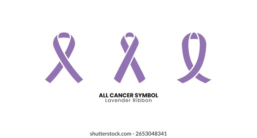 Lavender ribbon vector set for all cancer awareness. Includes three flat style icons, perfect for medical posters, cancer support campaigns, survivor graphics, charity events and health-related design