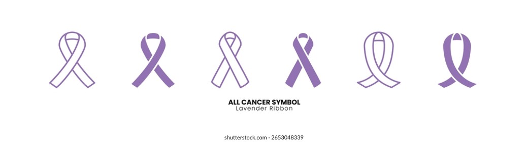 Conjunto de Vector de cinta de lavanda que simboliza toda la conciencia del cáncer. Incluye estilos planos y esquemáticos, perfectos para campañas médicas, Asistencia oncológica, diseños de sobrevivientes, eventos de recaudación de fondos y carteles de salud