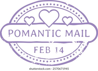 Lavender romantic mail stamp featuring three hearts and the date February 14th, celebrating Valentine s Day and the magic of love and affection between couples