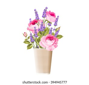 The lavender and ros elegant card with frame of flowers and text. Lavender garland for your text presentation. Label of soap package. Label with rose flowers. Vector illustration.