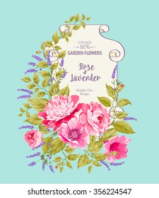 Lavender and Roses garland for your text presentation. Label of soap package. Label with lavender flowers. Wedding Card and engagement announcement. Vector illustration.