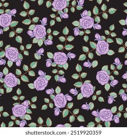 Lavender Roses Scattered on a Black Background creating a seamless pattern print background