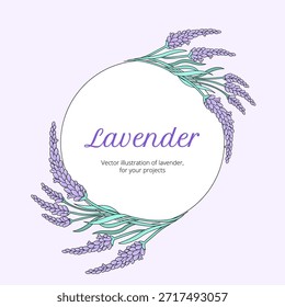 Lavendel runder Blumenrahmen mit eleganten handgezeichneten Blumen und Blättern. Weich pastellfarbenes botanisches Design für Hochzeitseinladungen, Karten und Etiketten.