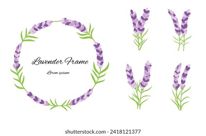 Lavender Round Frame and Bouquet Set. Graphic design elements collection