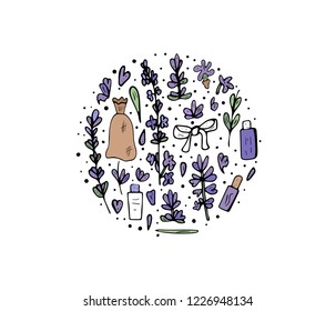 Lavender round set composition in doodle style. Circle concept of flowers and spa elements isolated on white background. Vector illustration.