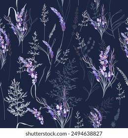 Lavender rustic seamless pattern with simple plants