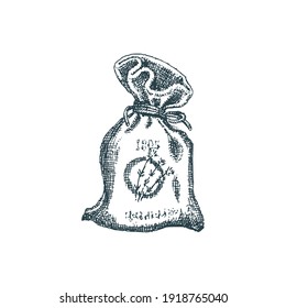 Lavender sachet, sketch in vector. Graphic illustration of perfumed bag in engraving style.