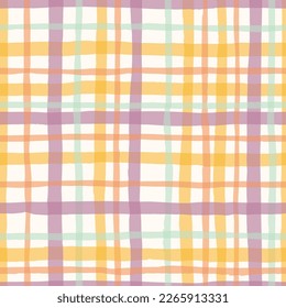 Lavender, Sage and Peach Watercolor Hand-Drawn Messy Plaid Vector Seamless Pattern. Romantic Artistic Cottagecore Checks. Homestead Farmhouse Print. Pastel Summer Graphic Background