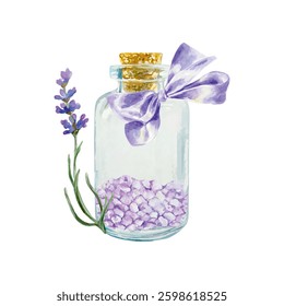 Lavender salt in a bottle with a bow and a sprig of lavender flower, watercolor. Hand drawn vector illustration. For the design of labels, banners for spa salons, posters, invitations, postcards.