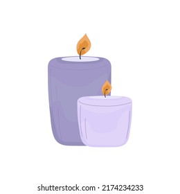aislamiento de velas perfumadas con espuma de lavanda sobre fondo blanco. Higge, decoración casera y acogedora. Relajación y aromaterapia. Ilustración de dibujos animados, dibujada a mano