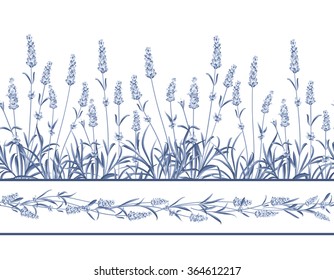 The Lavender Seamless Frame Line. Bunch Of Lavender Flowers On A White Background. Vector Illustration.