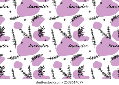 Lavender seamless pattern design. Purple blossom ornament. Hand drawn doodle flowers illustration