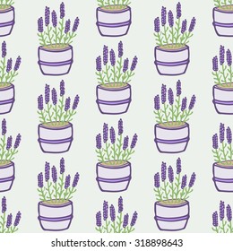 Lavender. Seamless pattern with flower pots on the white background. Hand-drawn original background. Swatch inside. Vector illustration