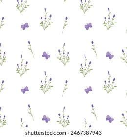 Lavender seamless pattern with flowers and butterfly. Floral background. Provence design with lavender. Hand drawn vector illustration for textile, wrapping paper, clothing, packaging.