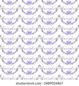 Lavender. Seamless pattern with flowers and the calligraphic word lavender on a transparent background. 